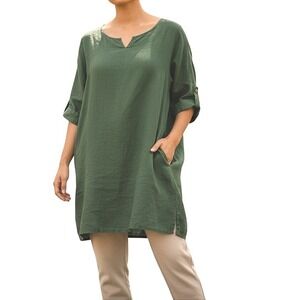 Made in Italy Green Linen Tunic Top Dress Roll Tab Sleeve Lagenlook Size L